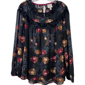 Knox Rose Women's Sheer Blouse Long Sleeves Lace Trim Floral Dark Moody Size XL